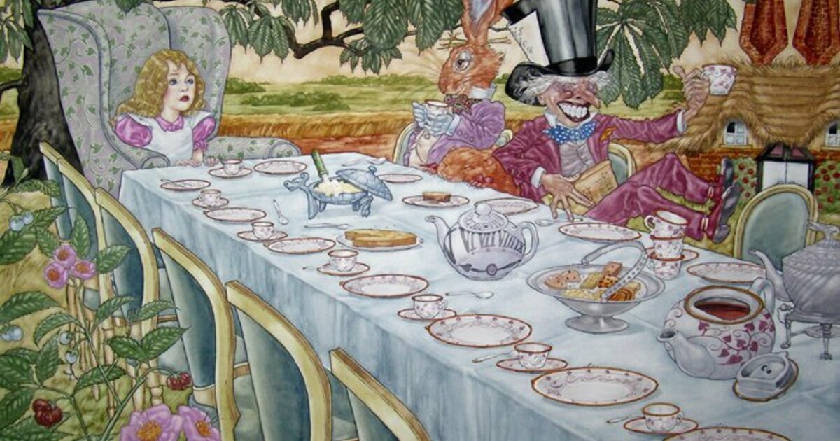 Сцена чаепитие. Сказочное чаепитие Алиса в стране чудес. Алиса чаепитие у Шляпника. Алиса в Зазеркалье чаепитие. Льюис Кэрролл безумное чаепитие.