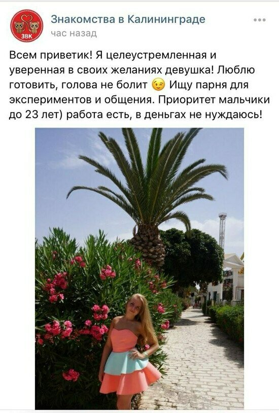 Калининградка создала &quot;ВКонтакте&quot; фейковую страницу 20-летней коллеги с предложением интимных услуг - Новости Калининграда | Скриншот записи сообщества / &quot;ВКонтакте&quot;