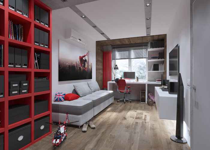 Дизайн-проект комнаты в &quot;однушке&quot;. Красный цвет — главное пожелание заказчика по интерьеру