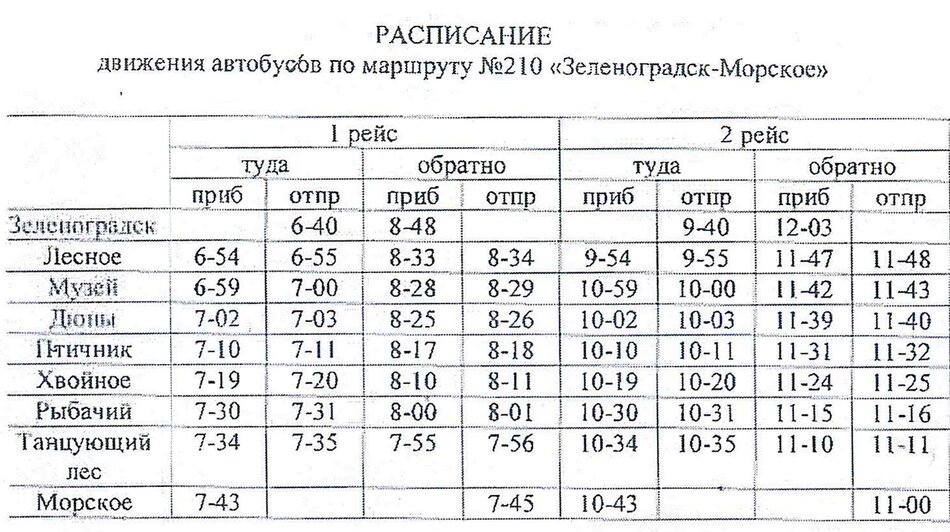 Расписание автобуса 210 зеленоградск