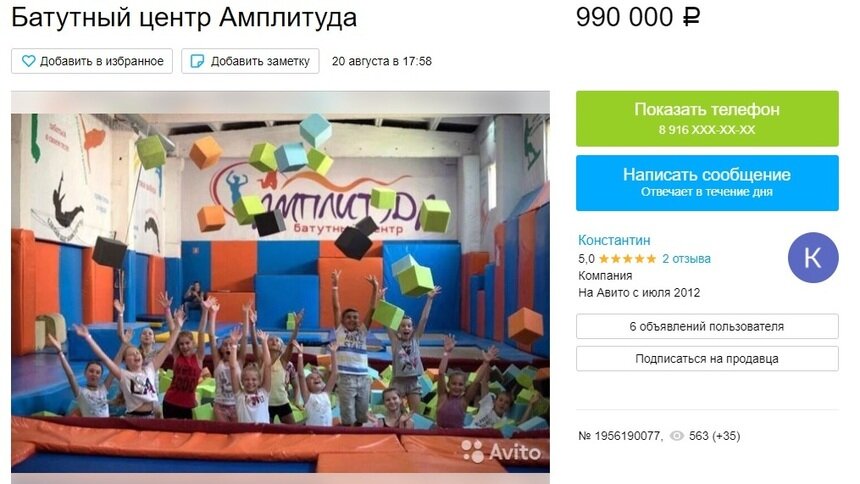 Калининградский батутный центр выставлен на продажу - Новости Калининграда | Скриншот сайта Avito
