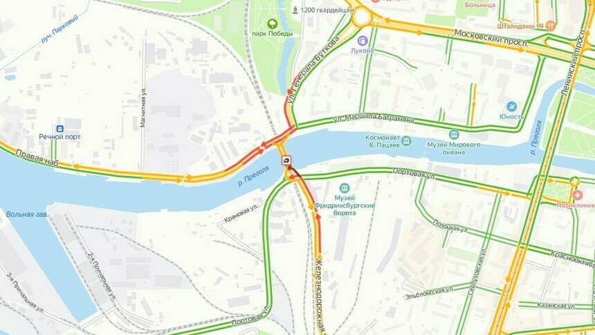 Въезд на двухъярусный мост с Портовой перекрыт из-за ДТП - Новости Калининграда | Скриншот сервиса «Яндекс. Карты»