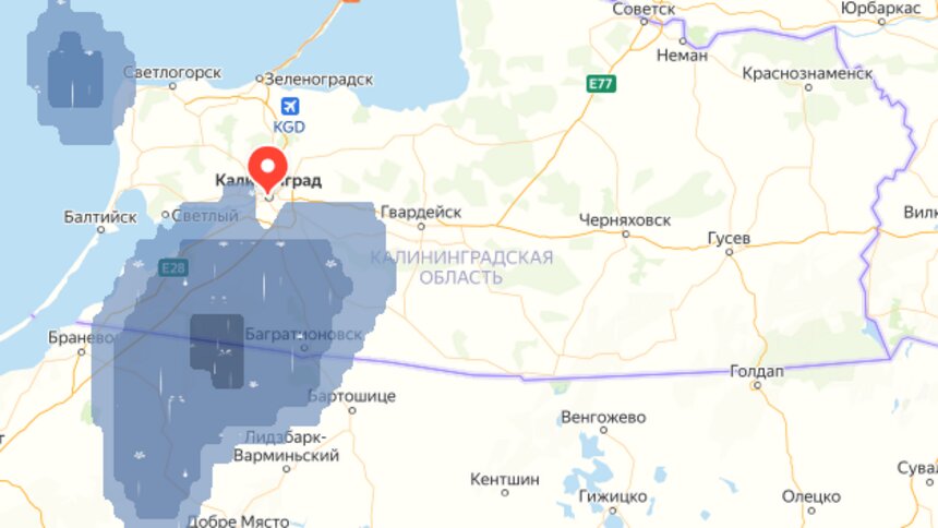 В Калининградской области ожидается гроза - Новости Калининграда | Скриншот сервиса «Яндекс. Карты»