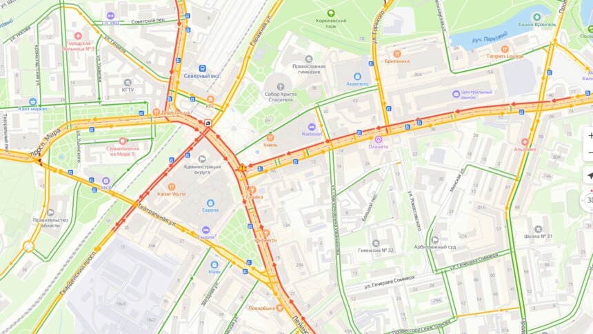 В Калининграде на площади Победы произошло ДТП, образовалась пробка - Новости Калининграда | Скриншот сервиса «Яндекс. Карты»