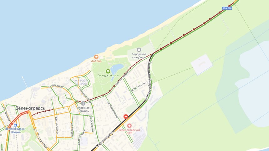 В Зеленоградске образовалась пробка длиной в несколько километров - Новости Калининграда | Изображение: скриншот сервиса &quot;Яндекс.Карты&quot;