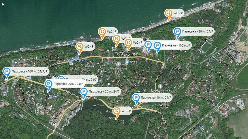 Опубликована карта с общественными туалетами и парковками в приморских городах Калининградской области - Новости Калининграда | Скриншот карты