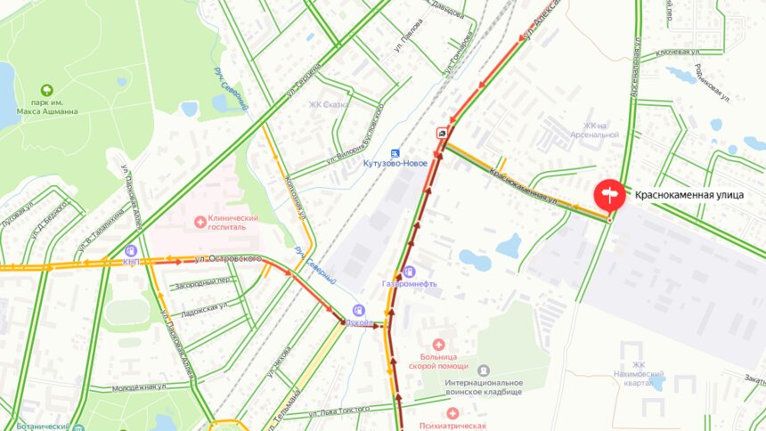 Невского встала в пробке из-за аварии на пересечении с Краснокаменной - Новости Калининграда | Скриншот сервиса «Яндекс. Карты»