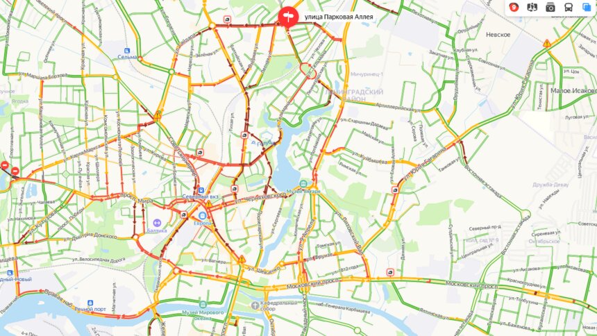 8 аварий: Калининград встал в девятибалльных пробках - Новости Калининграда | Скриншот сервиса «Яндекс. Карты»