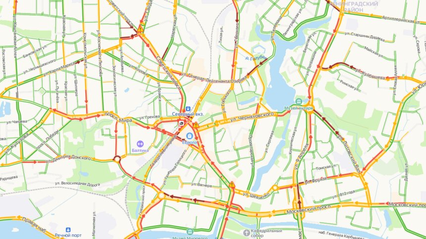 3 аварии: Калининград утром в четверг встал в семибалльных пробках - Новости Калининграда | Скриншот сервиса «Яндекс. Карты»