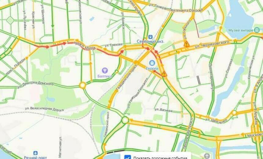 Часть проспекта Мира в воскресенье днём встала в километровой пробке - Новости Калининграда | Скриншот сервиса «Яндекс.Карты»