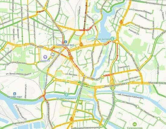 В центре Калининграда в понедельник днём собрались километровые пробки - Новости Калининграда | Скриншот сервиса «Яндекс.Карты»