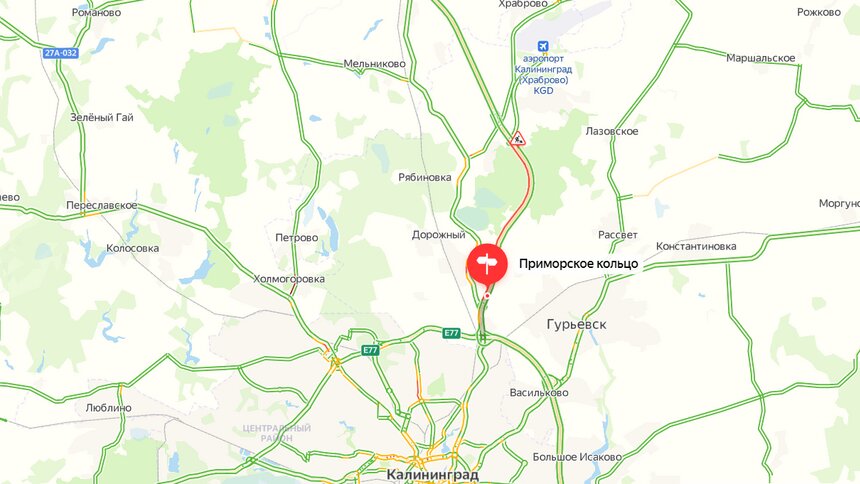 На Приморском кольце образовалась семикилометровая пробка  - Новости Калининграда | Скриншот сервиса «Яндекс.Карты»