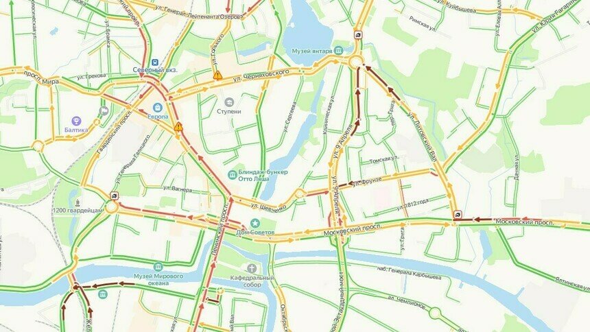 Парализованный центр: Калининград утром в пятницу встал в километровых пробках - Новости Калининграда | Скриншот сервиса «Яндекс. Карты»