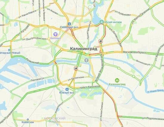 В Калининграде в четверг днём встали в пробках центральные улицы - Новости Калининграда | Скриншот сервиса «Яндекс.Карты»