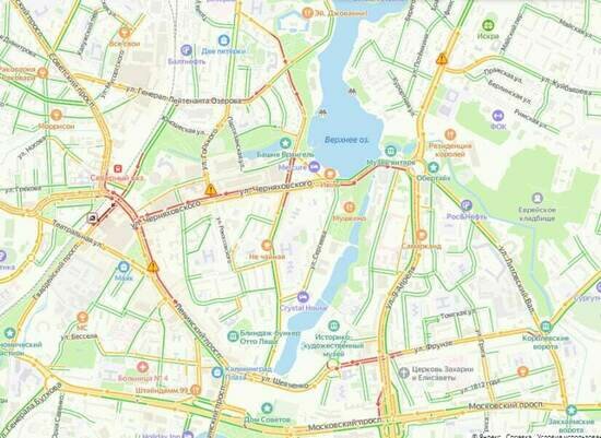 Центр Калининграда днём во вторник встал в пробках - Новости Калининграда | Скриншот сервиса «Яндекс.Карты»