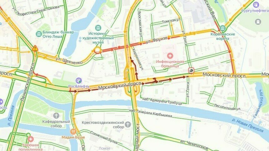 Московский проспект встал в пробке из-за аварии на пересечении с Грига - Новости Калининграда | Скриншот сервиса «Яндекс. Карты»