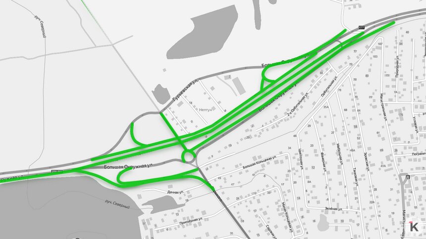 Зелёным указана дороги после реконструкции
