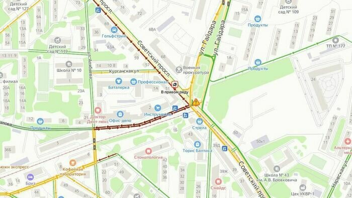 На Советском проспекте образовалась километровая пробка из-за аварии на пересечении с Яналова - Новости Калининграда | Скриншот сервиса «Яндекс. Карты»