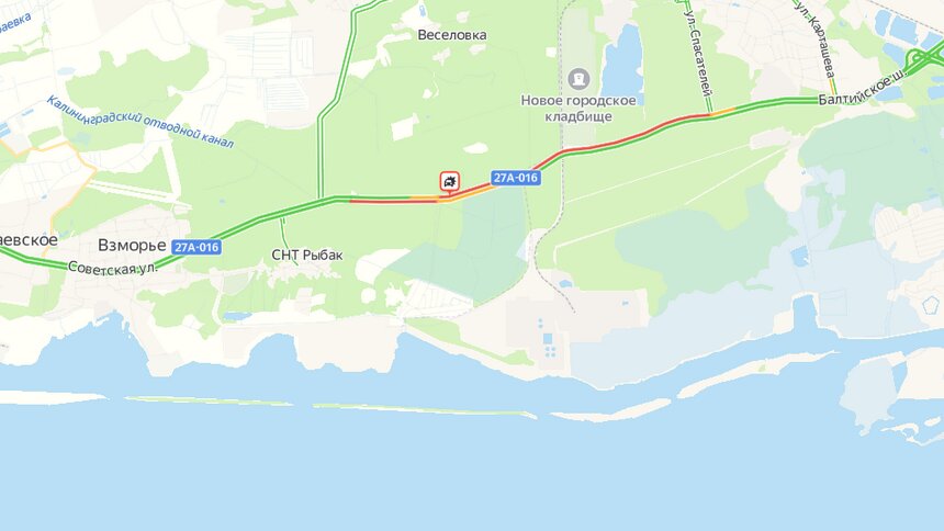 Очевидцы: на трассе Калининград — Балтийск произошло серьёзное ДТП, есть пострадавшие  - Новости Калининграда | Скриншот сервиса «Яндекс.Карты»