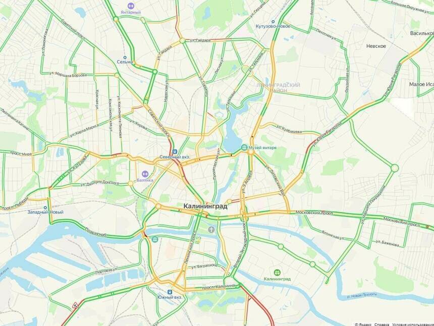 Центр Калининграда днём в понедельник встал в километровой пробке - Новости Калининграда | Скриншот сервиса «Яндекс.Карты»