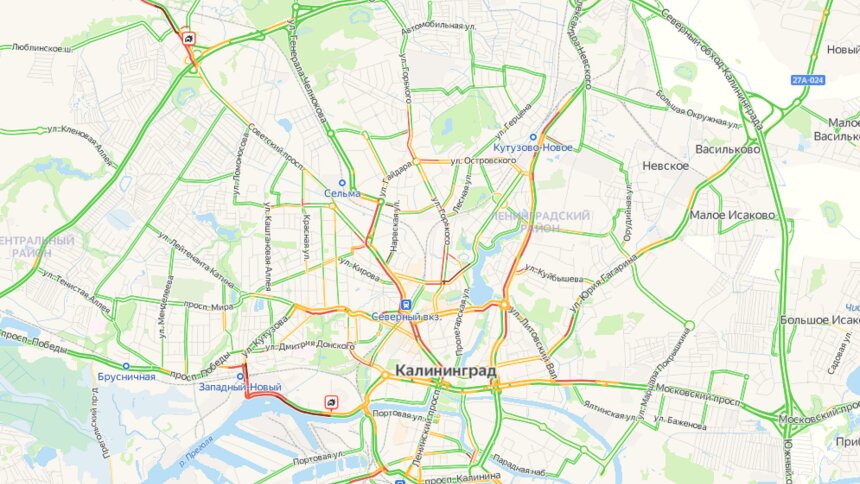 В понедельник утром несколько улиц в Калининграде встали в километровых пробках - Новости Калининграда | Скриншот сервиса «Яндекс. Карты»