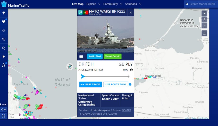Вблизи калининградского побережья заметили военный корабль НАТО - Новости Калининграда | Скриншоты с сервиса MarineTraffic