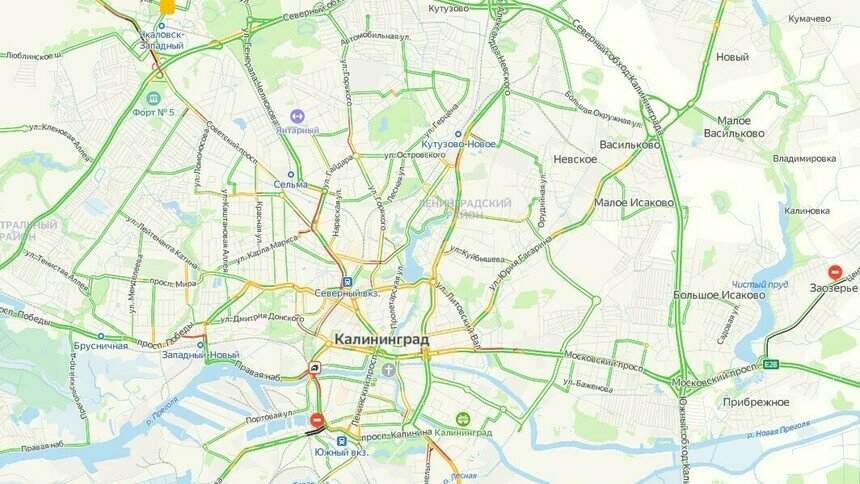 В Калининграде второй день подряд собираются пробки на въезд в город и в центре - Новости Калининграда | Скриншот сервиса «Яндекс. Карты»