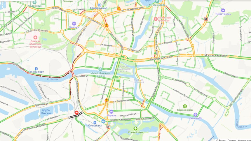 Площадь Победы, двухъярусный мост и Гайдара: где в Калининграде утром в четверг собираются пробки - Новости Калининграда | Скриншот сервиса «Яндекс.Карты»