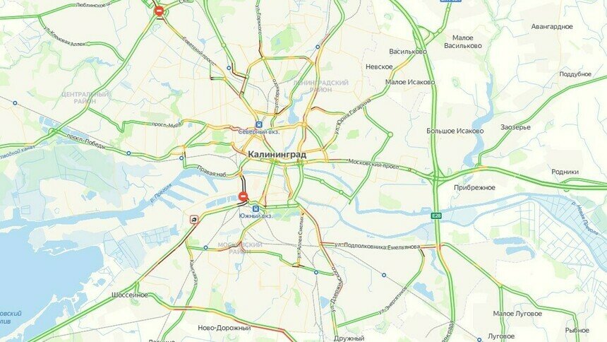 Южный обход, Суворова и кольцо на Гайдара: Калининград утром в четверг встал в 7-балльных пробках - Новости Калининграда | Скриншот сервиса «Яндекс. Карты»