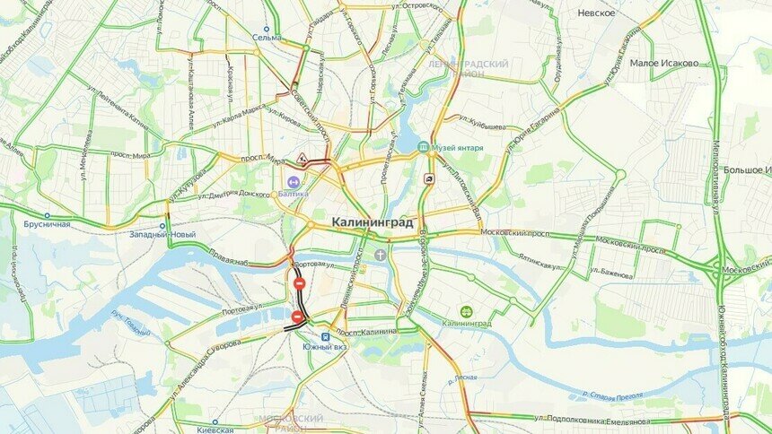 Работы на Мира, застывшая Гайдара и ДТП на 9 Апреля: где утром в пятницу в Калининграде собираются пробки - Новости Калининграда | Скриншот сервиса «Яндекс. Карты»