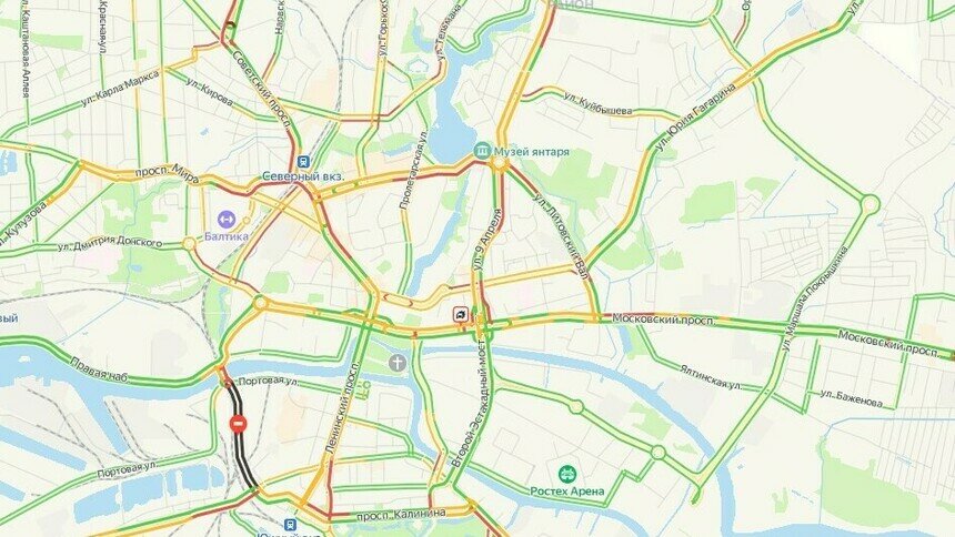 Калининград утром в понедельник встал в 5-балльных пробках - Новости Калининграда | Скриншот сервиса «Яндекс. Карты»