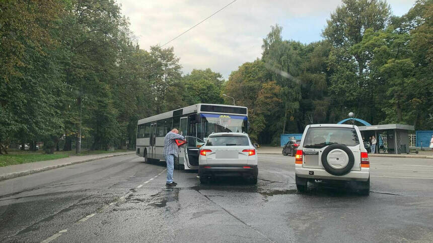 В Калининграде на перекрёстке Киевской и Камской легковушка нос в нос столкнулась с автобусом - Новости Калининграда | Фото: очевидец