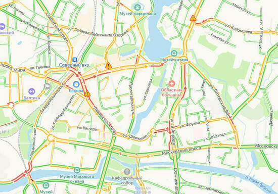 Центр Калининграда в среду днём встал в километровой пробке - Новости Калининграда | Скриншот сервиса «Яндекс.Карты»