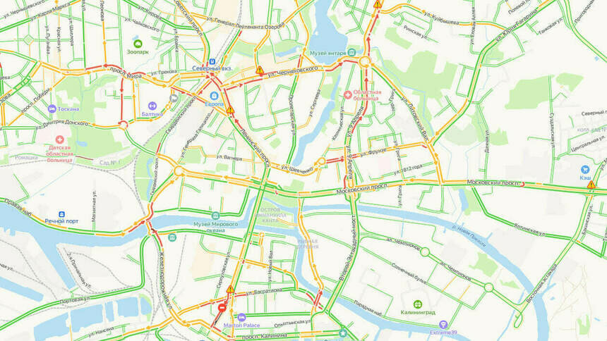 Центр Калининграда в четверг днём встал в километровой пробке - Новости Калининграда | Скриншот сервиса «Яндекс.Карты»