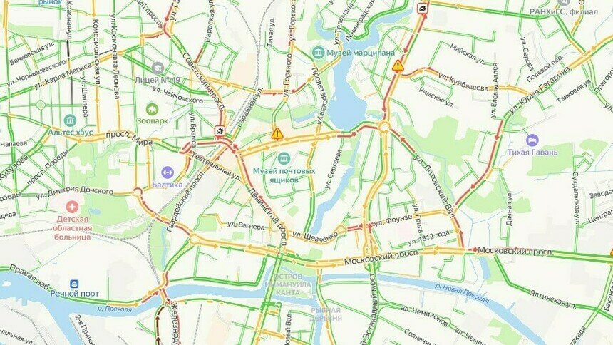 Из-за ДТП на площади Победы центр Калининграда оказался парализованным - Новости Калининграда | Скриншот сервиса «Яндекс. Карты»