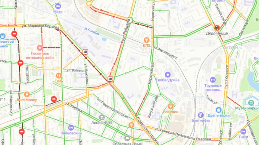 На Советском проспекте из-за двух аварий водители встали в пробке в сторону центра - Новости Калининграда | Скриншот сервиса «Яндекс. Карты»