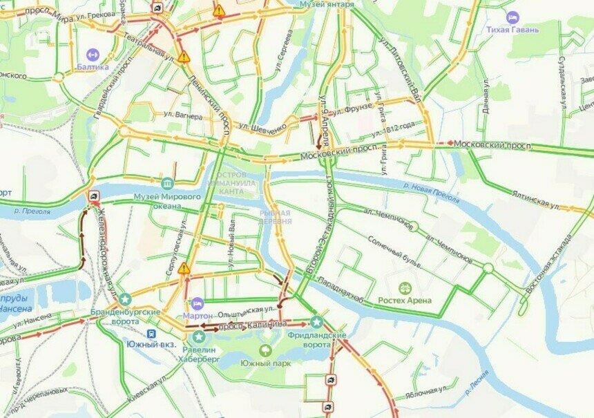 Из-за четырёх ДТП Центральный и Московский районы Калининграда встали в километровых пробках - Новости Калининграда | Скриншот сервиса «Яндекс. Карты»