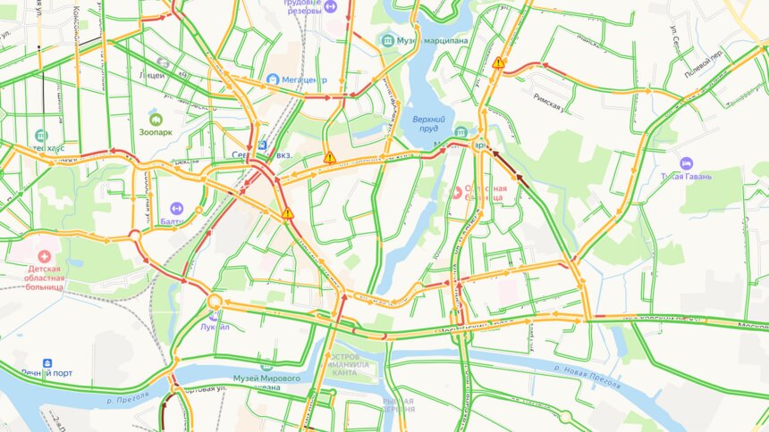 Двухъярусный мост, Дзержинского и кольцо на Василевского: где в Калининграде в понедельник утром собираются пробки  - Новости Калининграда | Скриншот сервиса «Яндекс.Карты»