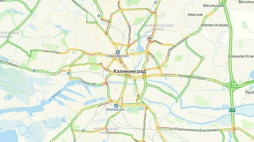 Гололёд и одна авария: карта пробок в Калининграде на утро понедельника - Новости Калининграда | Скриншот сервиса «Яндекс. Карты»