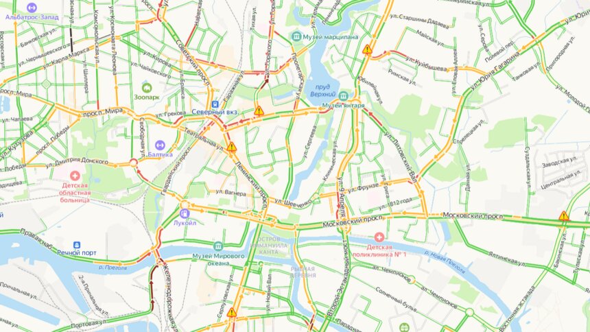 Аварии на окружной и «красный» двухъярусный мост: Калининград в четверг утром встал в пробках  - Новости Калининграда | Скриншот сервиса  «Яндекс.Карты»