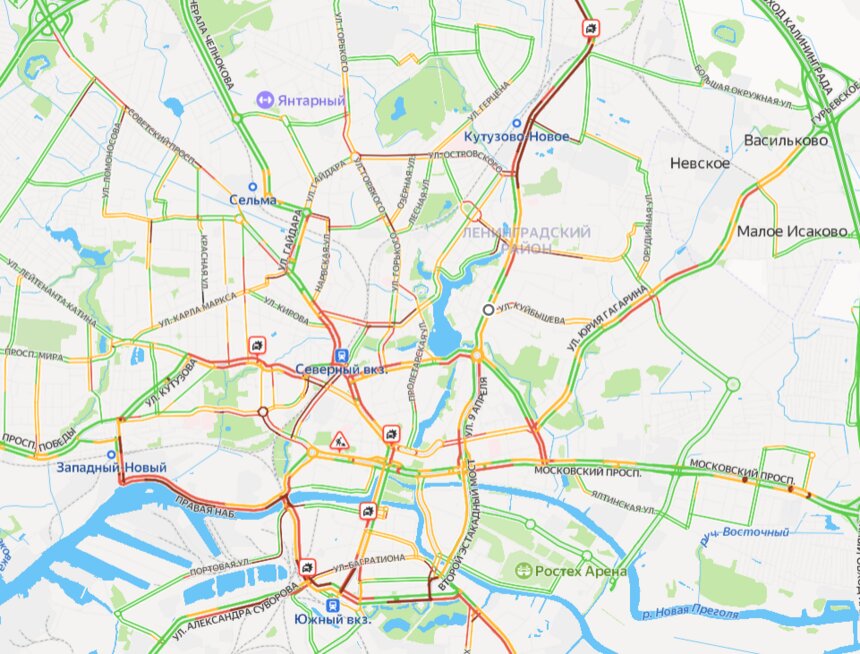 По меньшей мере 6 ДТП: Калининград вечером в пятницу встал в 9-балльных пробках  - Новости Калининграда | Скриншот сервиса «Яндекс. Карты»