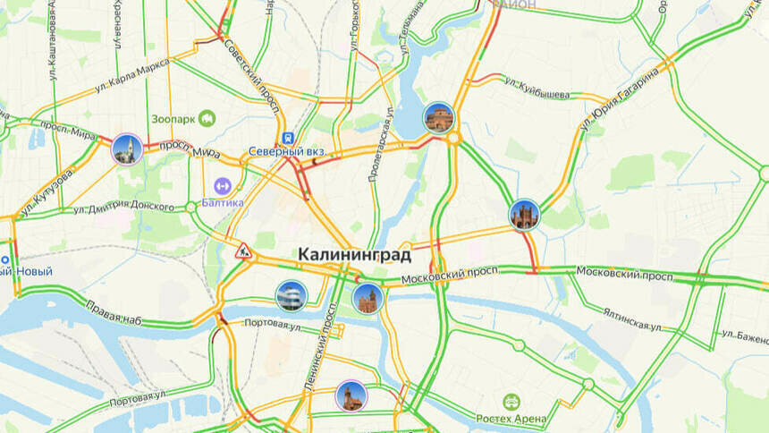 Центр Калининграда днём во вторник встал в пробках - Новости Калининграда | Скриншот сервиса «Яндекс. Карты»