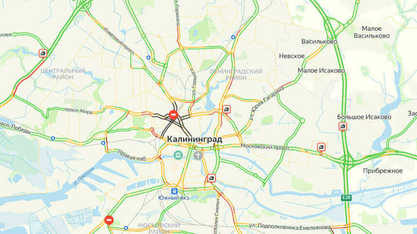 Аварии и перекрытия: Калининград днём в среду встал в 5-балльных пробках - Новости Калининграда | Скриншот сервиса «Яндекс. Карты»