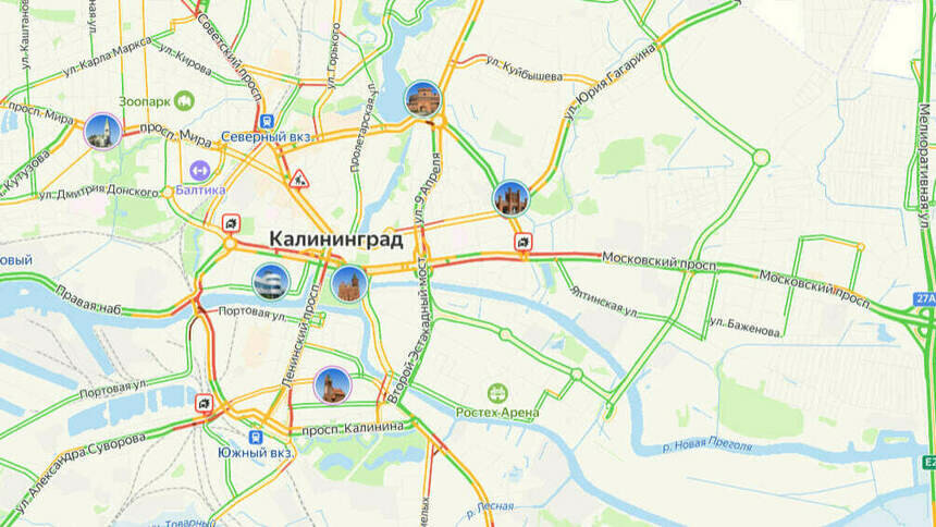 Три аварии: карта пробок в Калининграде на утро понедельника - Новости Калининграда | Скриншот сервиса «Яндекс. Карты»