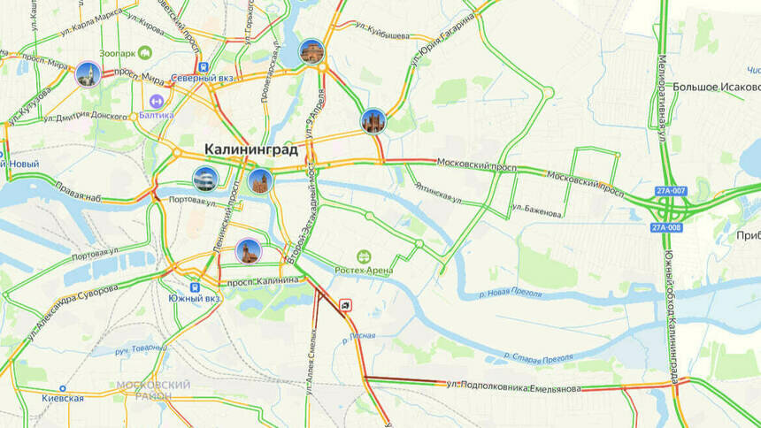 Одно ДТП: карта пробок в Калининграде на утро пятницы - Новости Калининграда | Скриншот сервиса «Яндекс. Карты»
