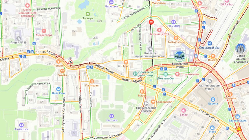 Затор в центре города из-за ремонта на мосту проспекта Мира (у зоопарка) | Скриншот сервиса «Яндекс. Карты»
