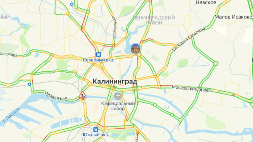 Небольшие заторы в центре: карта пробок в Калининграде на утро вторника - Новости Калининграда | Скриншот сервиса «Яндекс. Карты»