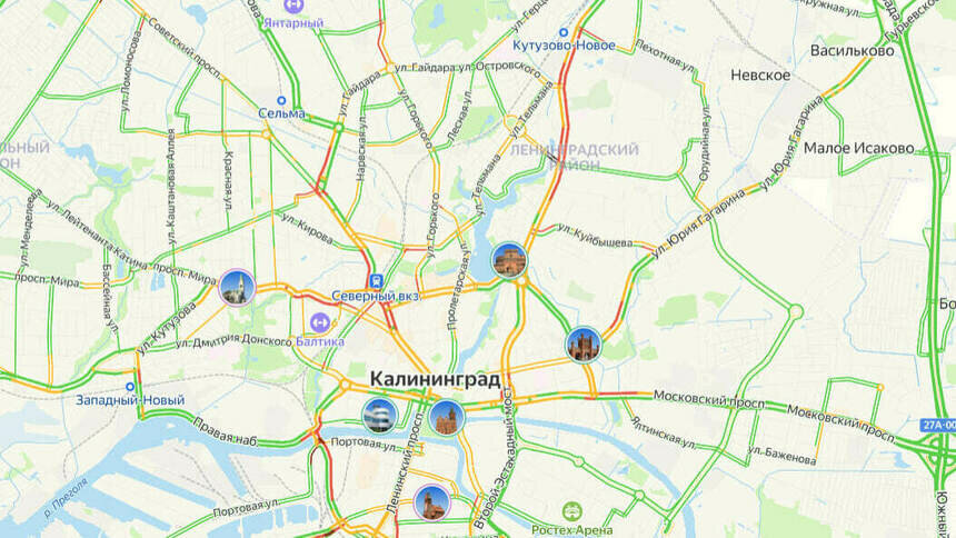 Выезды к морю стоят: карта пробок в Калининграде на утро среды - Новости Калининграда | Скриншот сервиса «Яндекс. Карты»