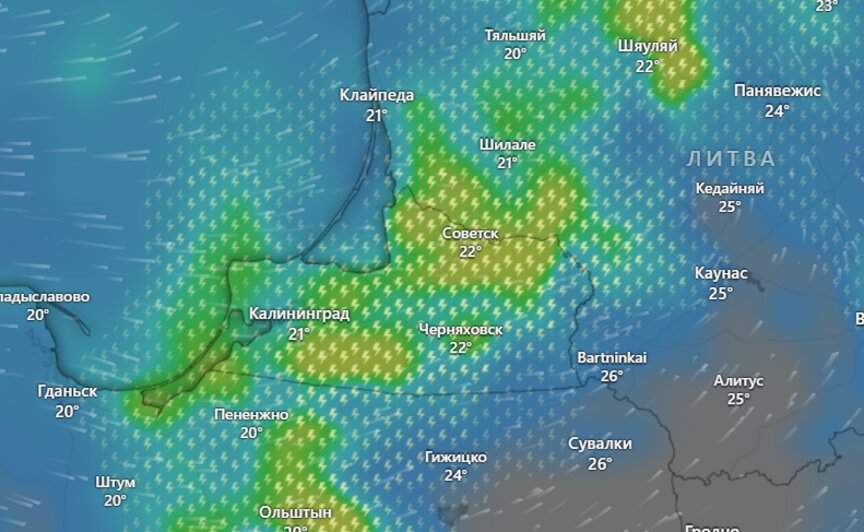 Калининградская область в 16:00  | скриншоты карты осадков с сайта windy.com 