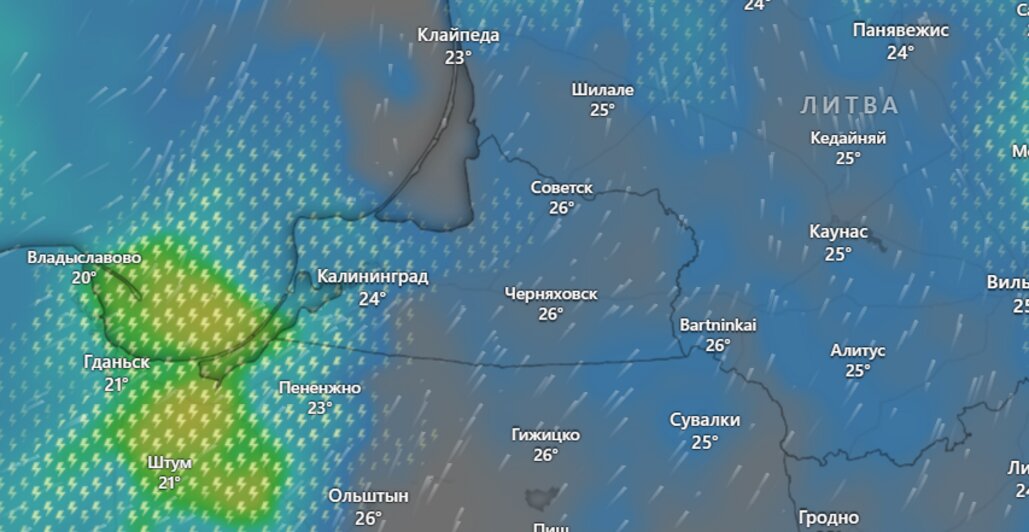 Калининградская область в 13:00  | скриншоты карты осадков с сайта windy.com 